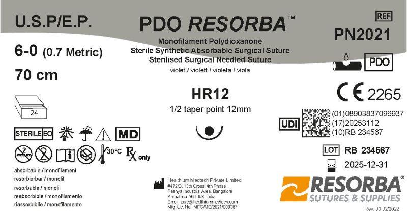 ПДО Ресорба USP6-0 фіолетовий, довжина 70см, колюча голка 12 мм, 1/2 кола